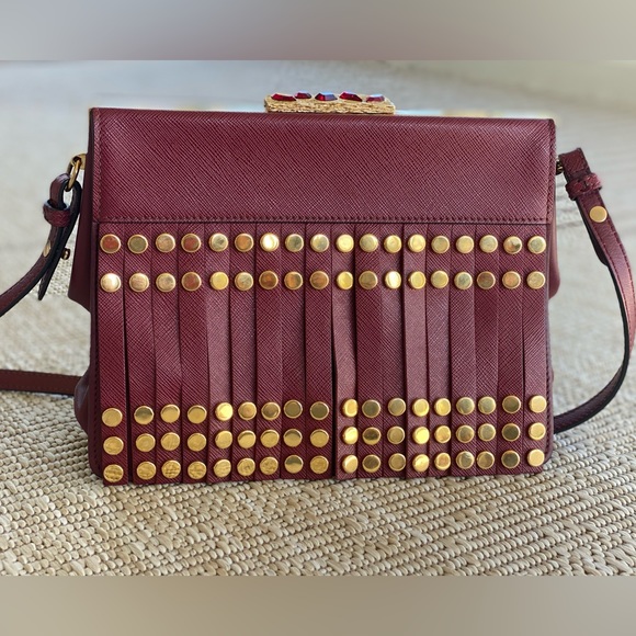 Prada Burgendy Saffiano city C Lux leather Studded Idol Should bag - Picture 3 of 13